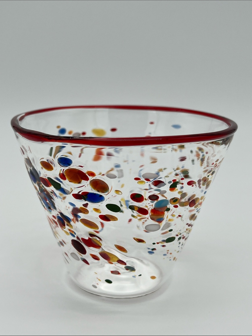 Massimo Lunardon Signed Hand-Blown Venetian Confetti Glass Vase Bowl w/ Red Rim